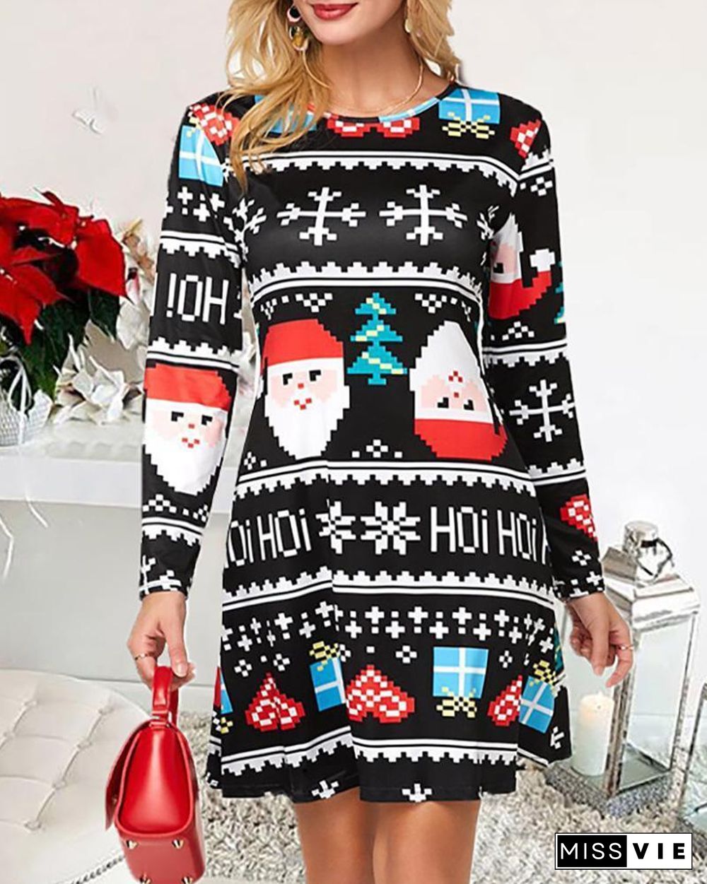 Christmas Print Long Sleeve Casual Dress P10822