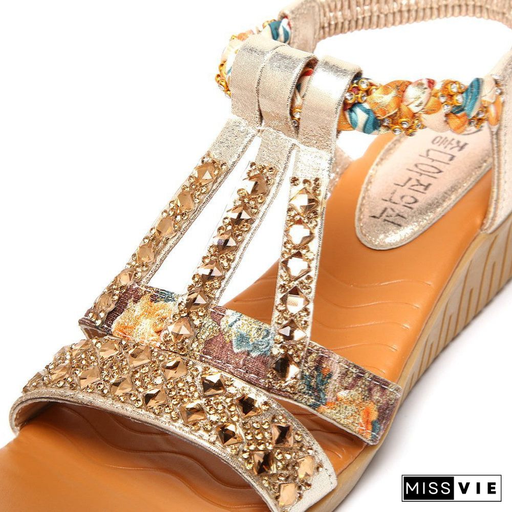 Bohemian Slip On Rhinestone Wedge Round Toe Beach Sandals