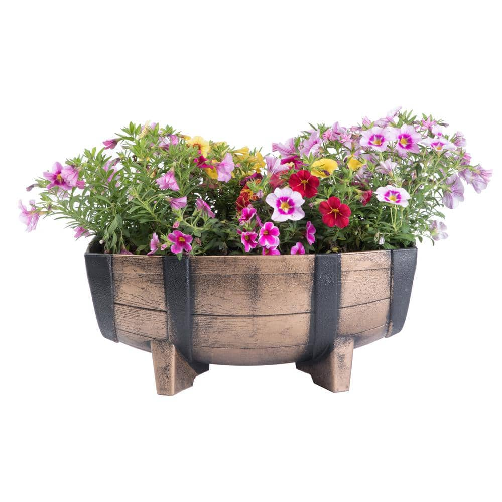 Gardenised Rustic Wood-Look Plastic Half Barrel Flower Pot Garden Planter (Pack of 2) QI003695