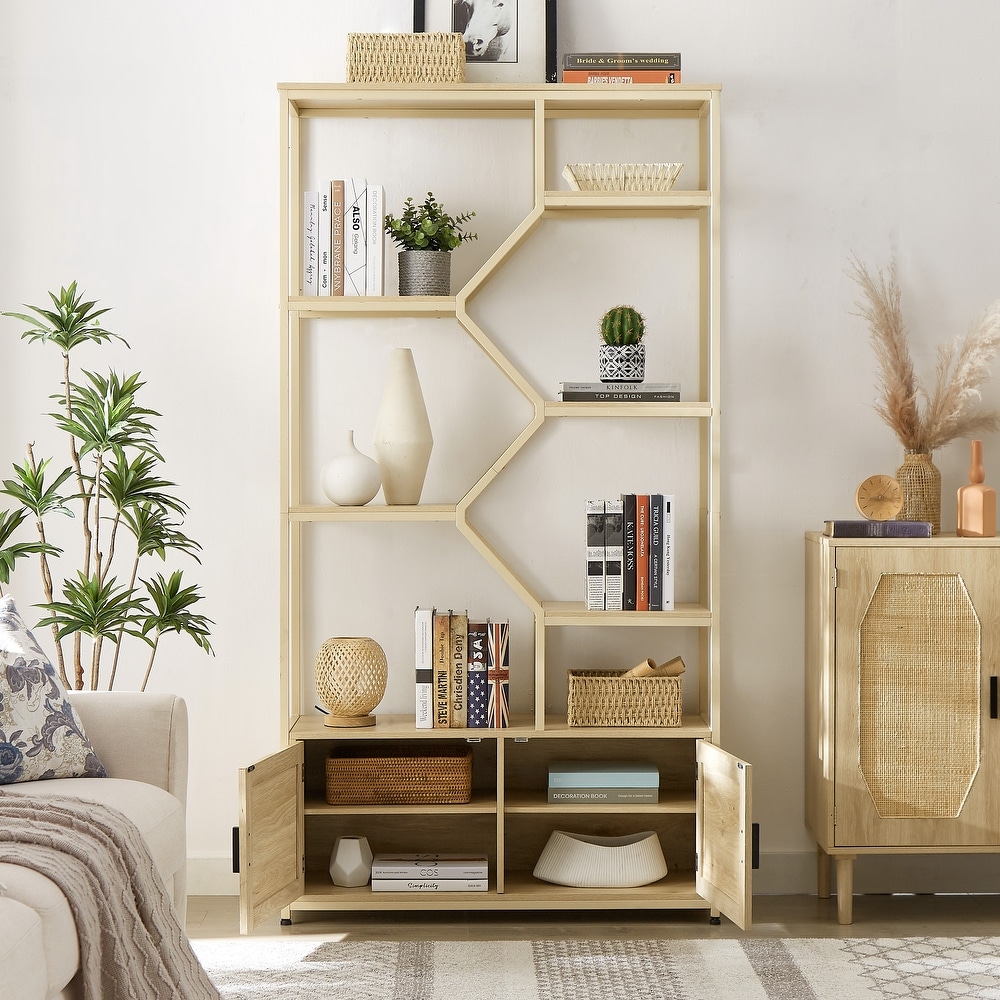 Natural Style Rattan Bookshelf  Plant Stand  7 Tier Bookcase Storage Rack with Cabinet  Display Shelf for Living Room  Office