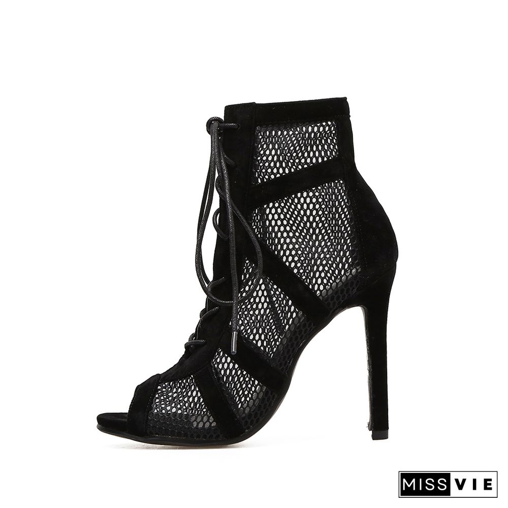 New Fashion Show Black Net Suede Fabric Cross Strap Sexy High Heel Sandals Woman Shoes Pumps Lace-up Peep Toe Sandals