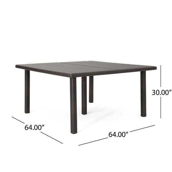 Outdoor 64 Inch Square Dining Table with Wicker Pulled Over an Iron Frame