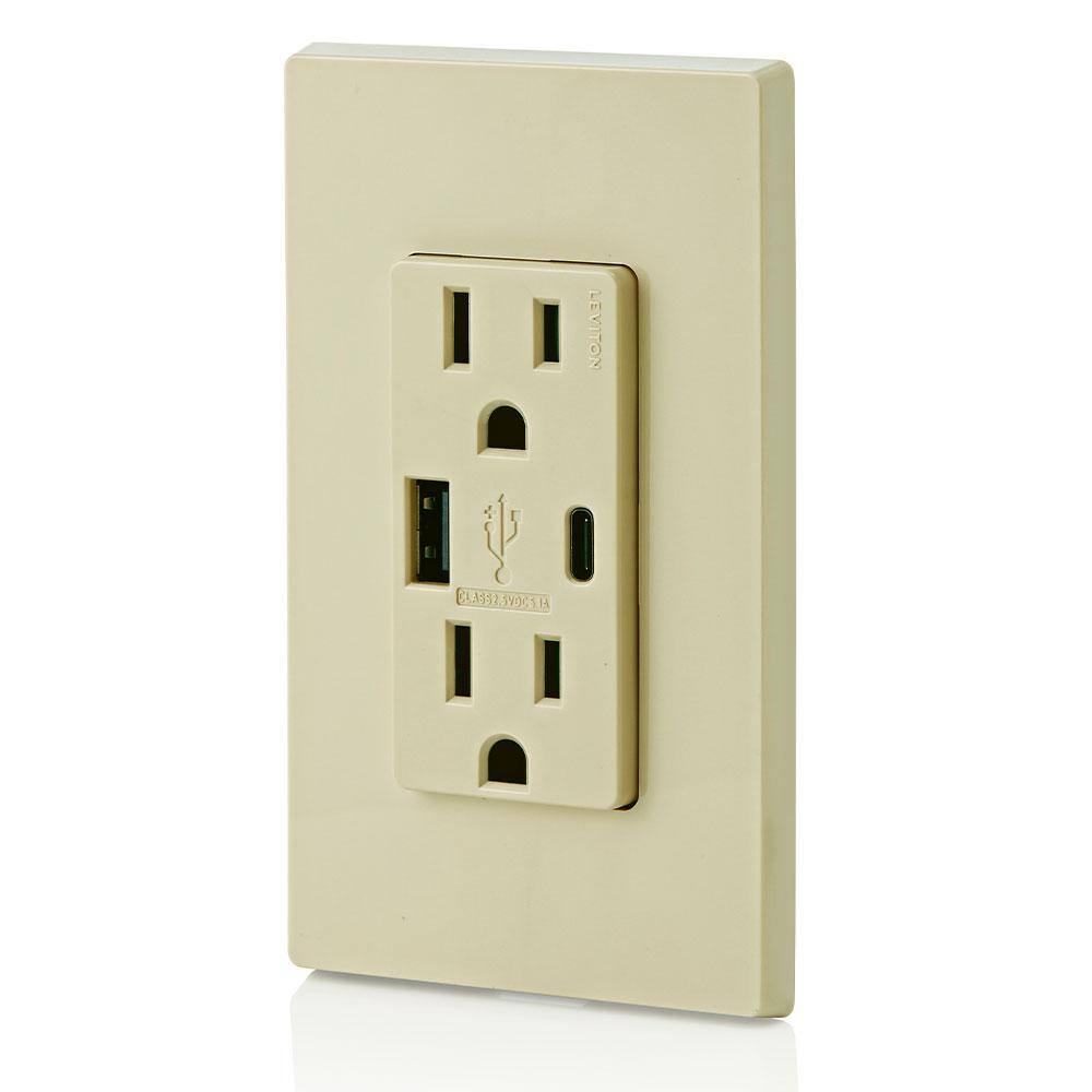 Leviton 15 Amp Decora Tamper-Resistant Duplex Outlet with Type A and C USB Charger Ivory T5633-I