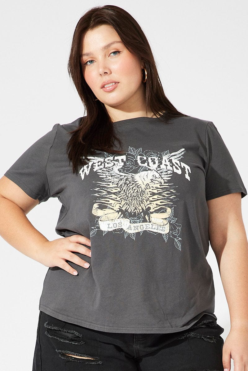 Grey Graphic T-shirt Short Sleeve Crew Neck