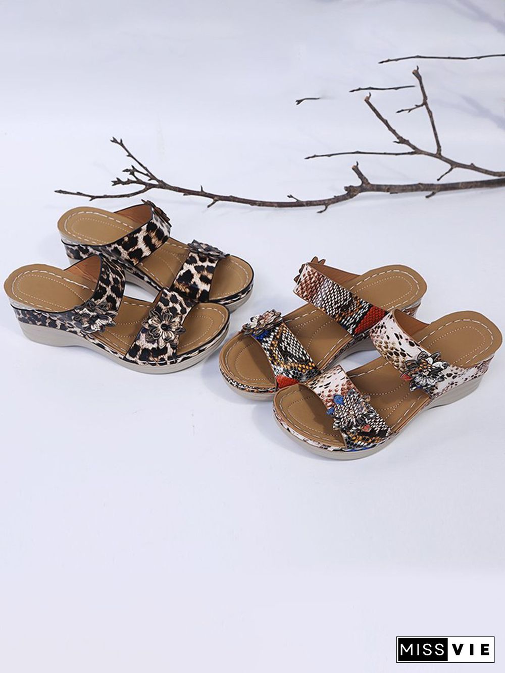 3D Floral Snake Print Wedge Sandals Slippers