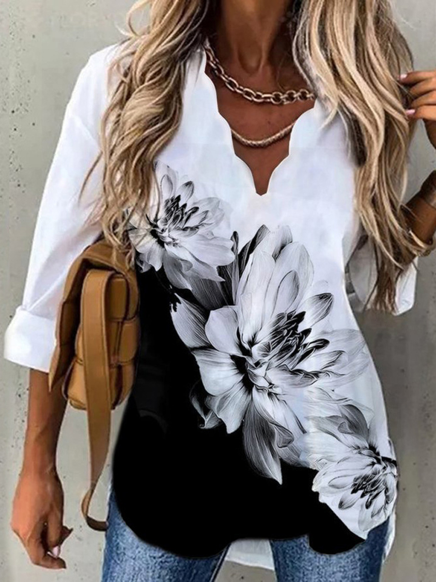 Casual Vintage Print V-Neck Long Sleeve Shirt