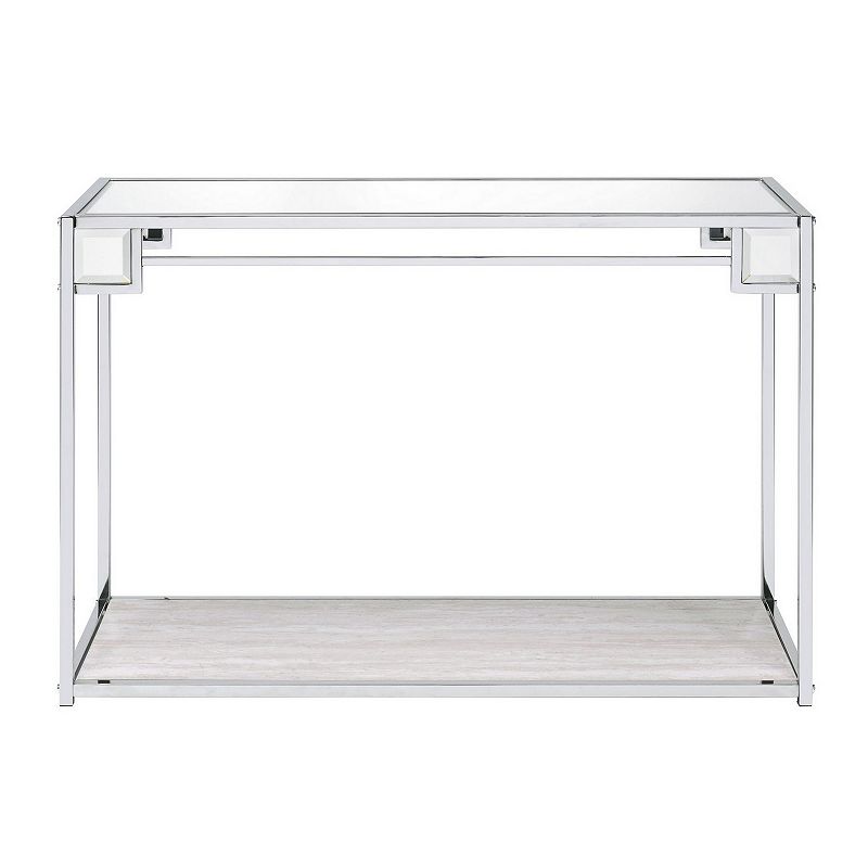 Mirror Top Metal Console Table with Wooden Open Bottom Shelf， Silver