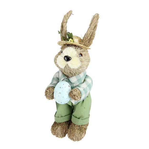 Sisal Standing Bunny Rabbit With Robin x27 s Egg Spring Easter Figure Brown green