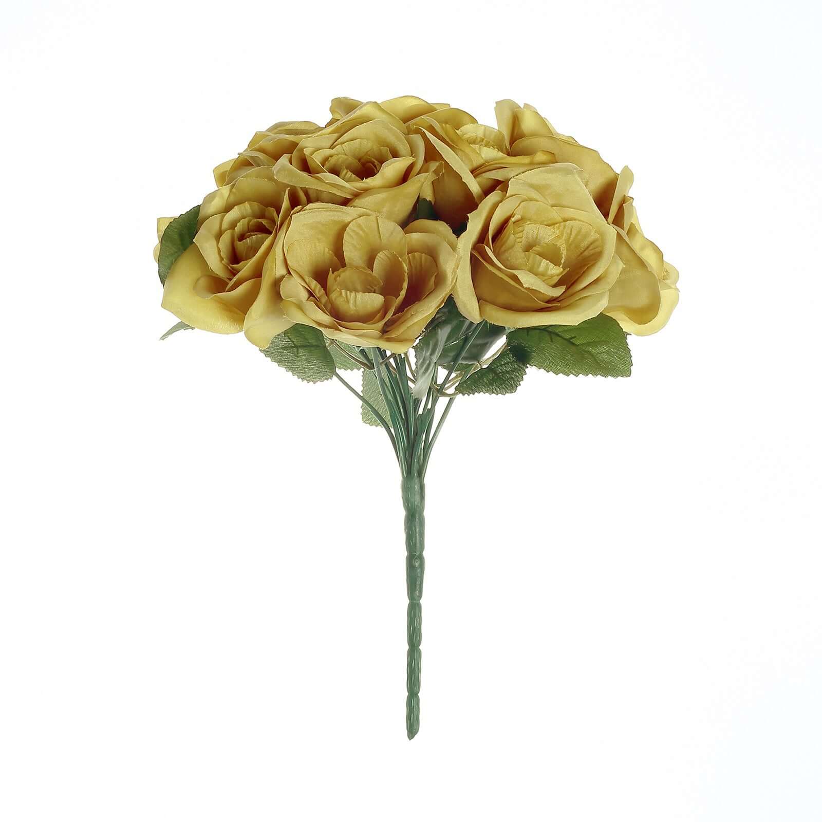 Gold Artificial Velvet-Like Fabric Rose Flower Bouquet Bush 12