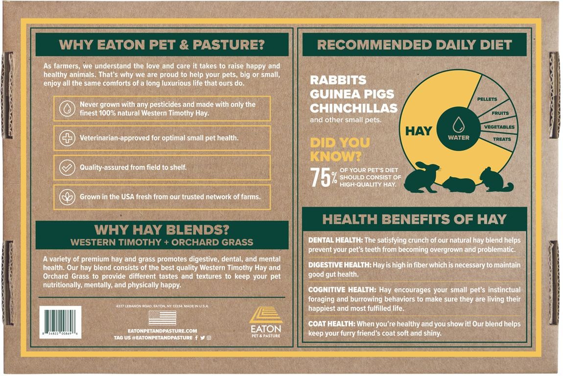 Eaton Pet and Pasture Premium First Cut Blend Timothy Hay Small Pet Food， 7-lb box