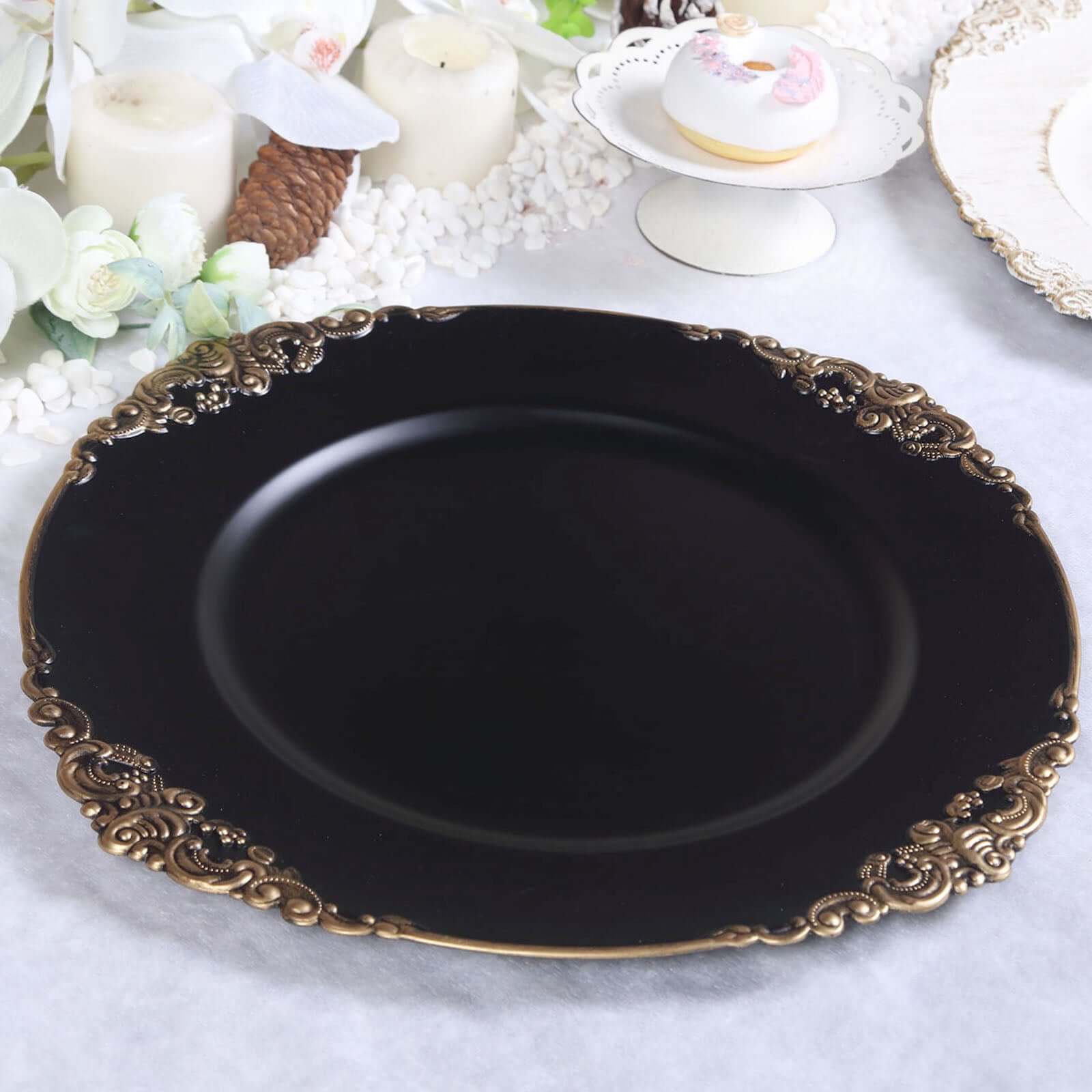 6 Pack Matte Black Gold Embossed Baroque Round Charger Plates With Antique Design Rim 13