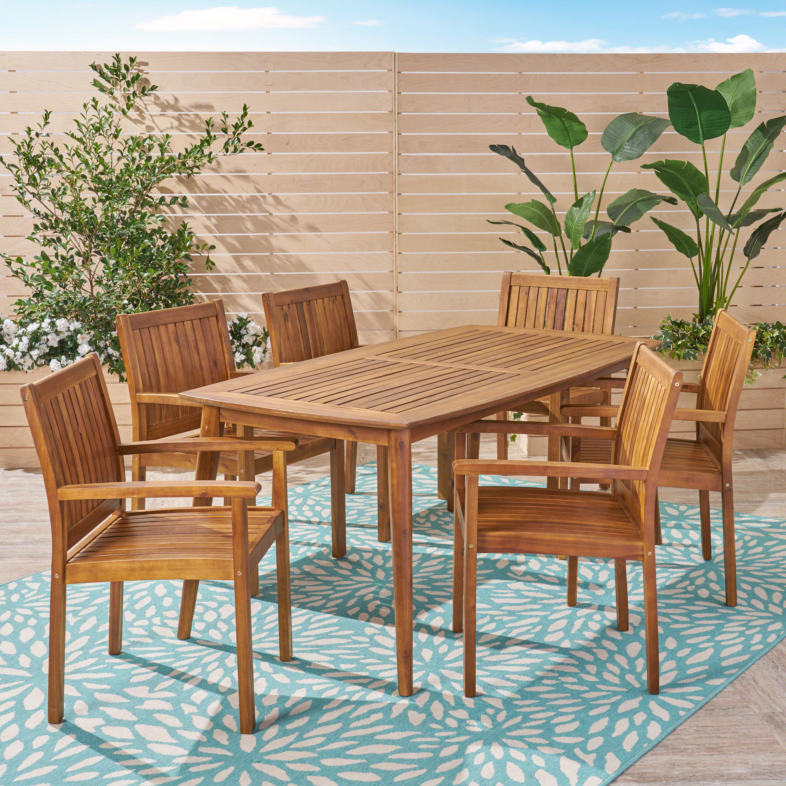 Kally Outdoor 7 Piece Acacia Dining Set, Teak Finish