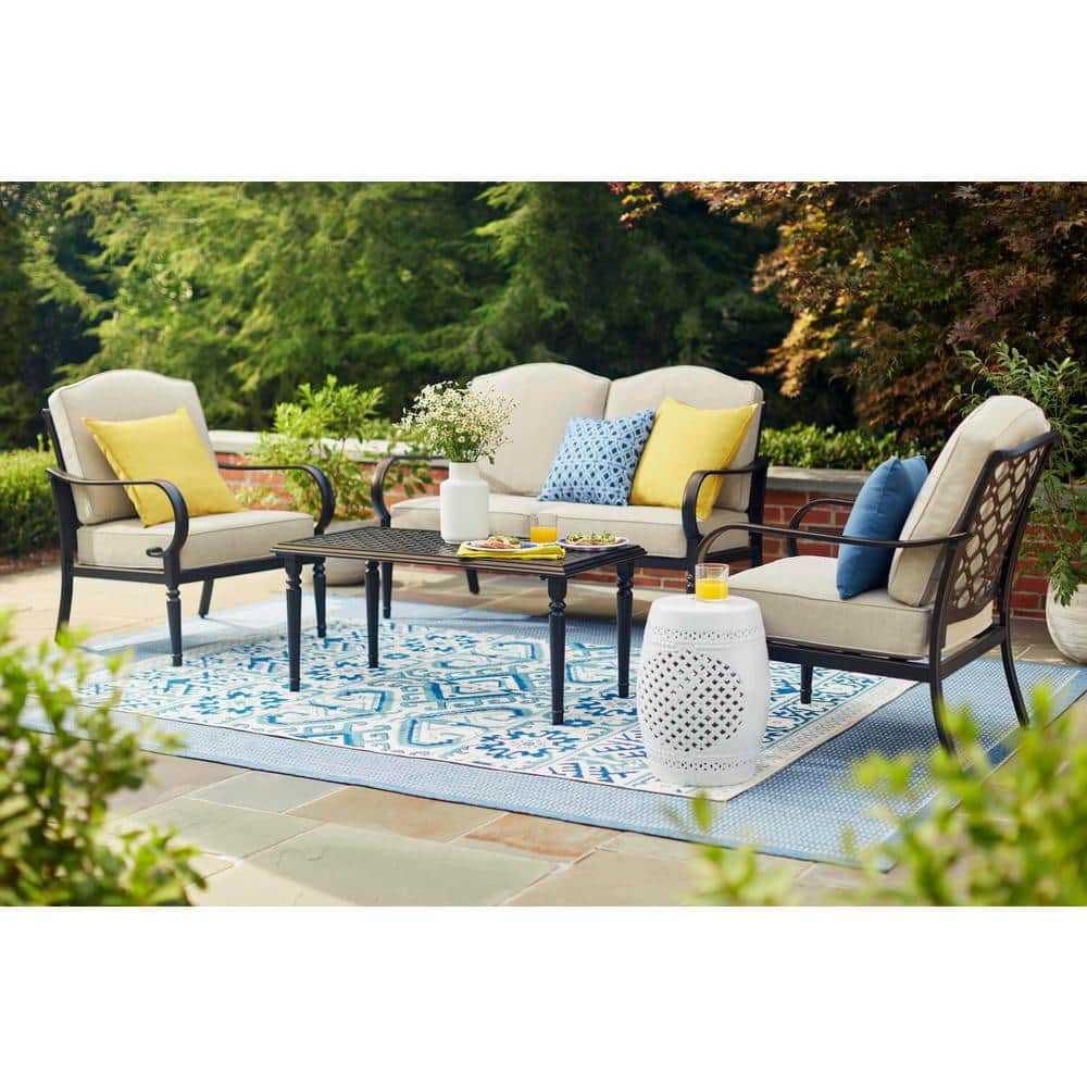 Hampton Bay Laurel Oaks Black 4-Piece Steel Outdoor Patio Conversation Seating Set with CushionGuard Putty Beige Cushions 505.0370.002