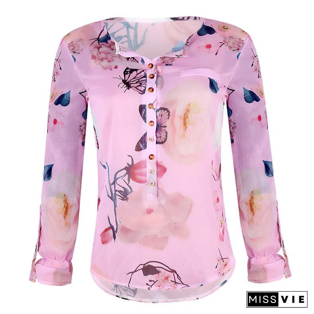 Floral Breeze V-Neck Buttons Long Sleeves Shirt Top