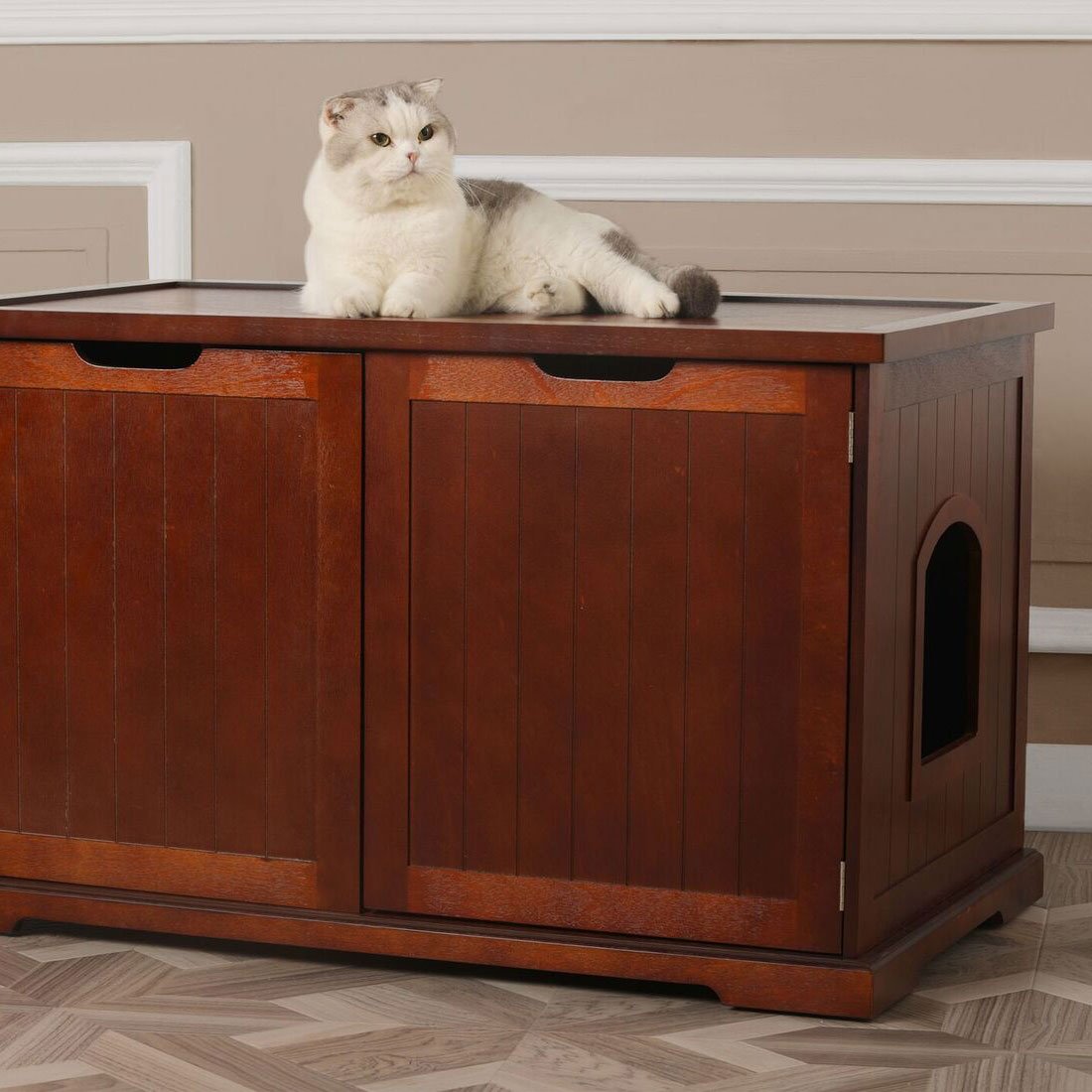 Merry Products Pet Cat Washroom Bench with Removable Partition Wall， Walnut