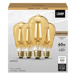 Feit Electric 60W Equivalent ST19 Dimmable Straight Filament Amber Glass Vintage Edison LED Light Bulb Warm White (4-Pack) ST19LEDHDRP4