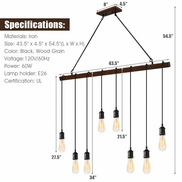 Tangkula Industrial Multi Pendant Light 8 light Iron Rustic Island Chandelier Suspension Line Can Be Adjusted Freely Wood Painted Finish