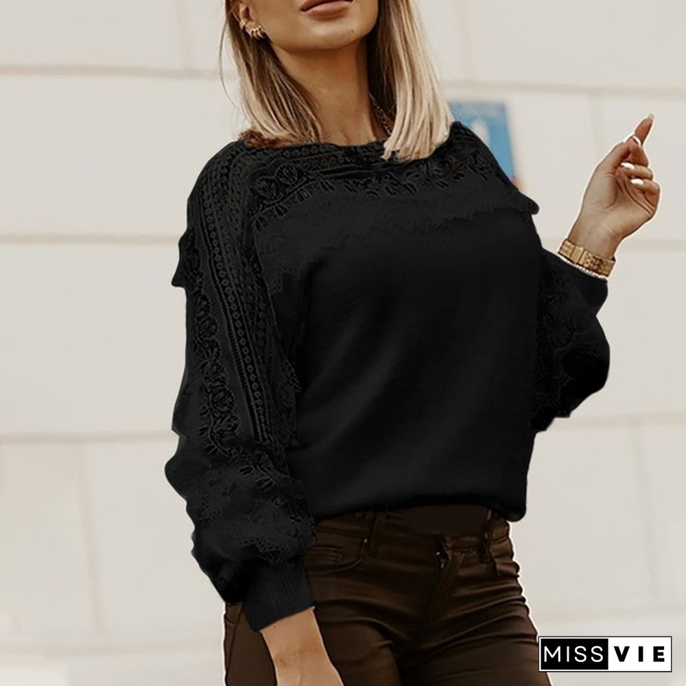 Women Long Sleeve Sweater Knitted Blouse Lace Patchwork Hollow Out Pullover Tops Casual Loose T Shirt Plus Size