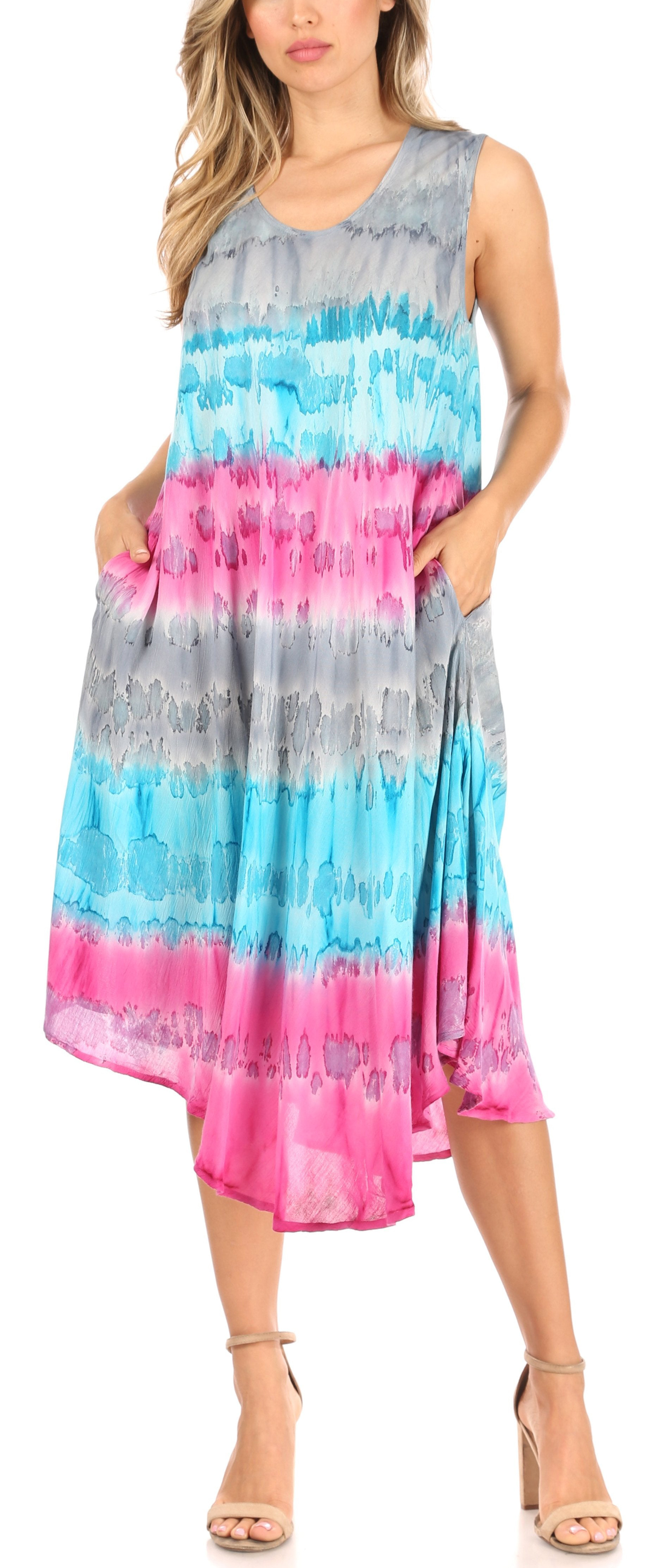 Plus Size Tie Dye Print Asymmetric Hem Sleeveless Midi Dress