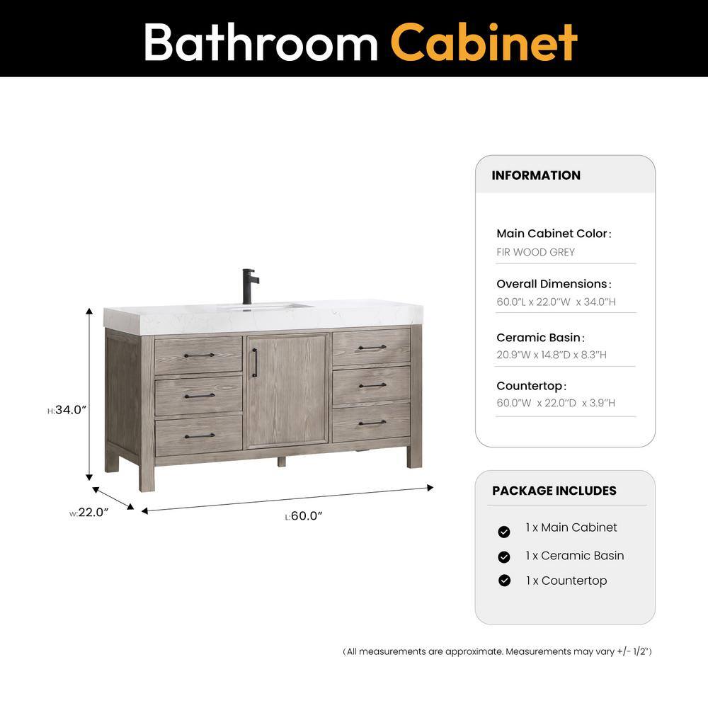 ROSWELL León 60 in. W x 22 in. D x 34 in. H Single Sink Bath Vanity in Fir Wood Grey with White Composite Stone Top 803860-FY-LW-NM