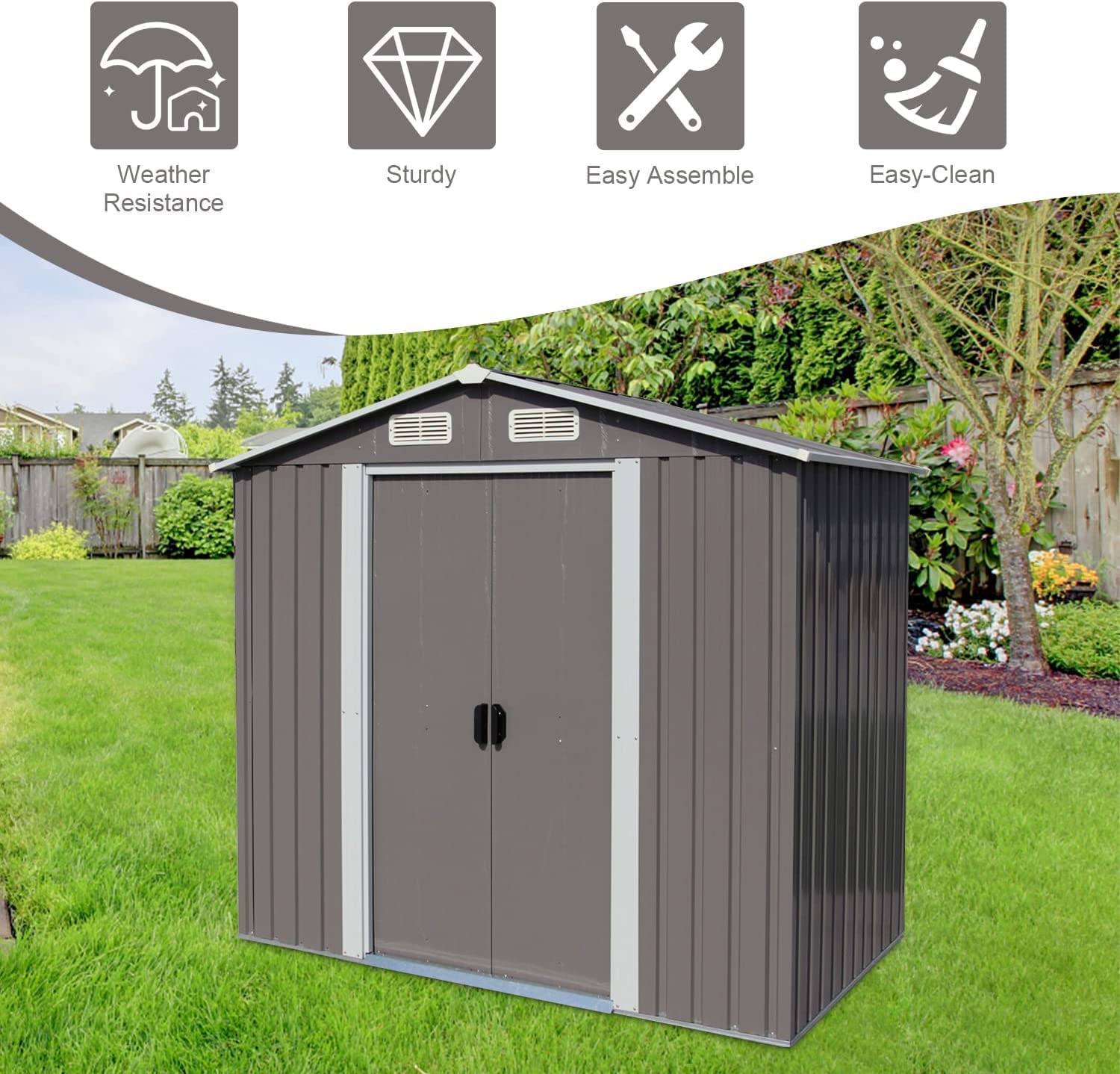 Kinbor 6' x 4' Outdoor Steel Storage Shed Grey with Sliding Door