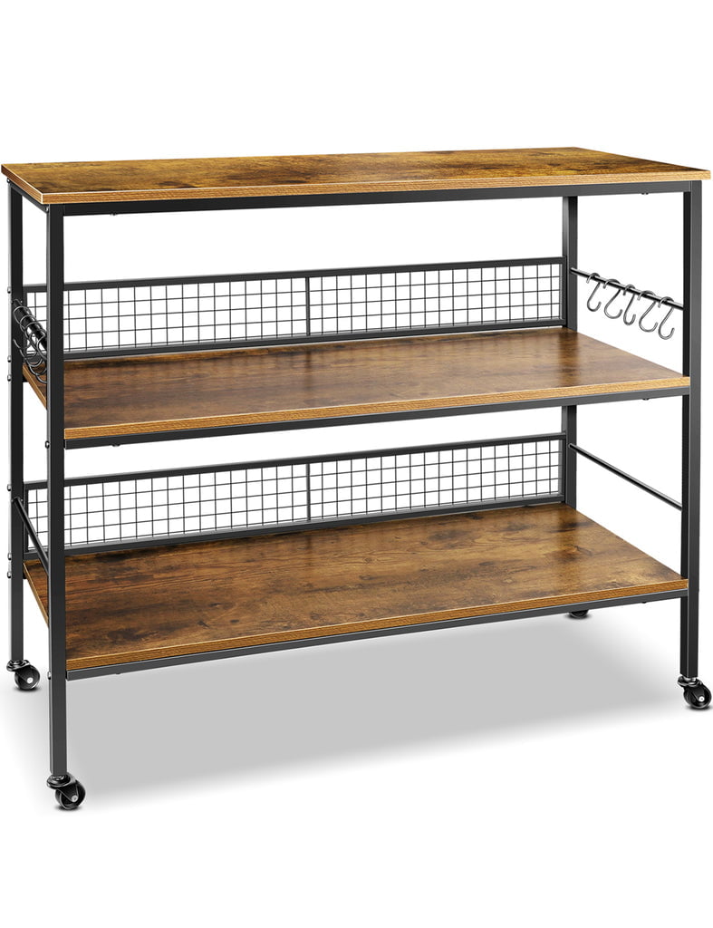 Cheflaud Rolling Kitchen Storage Cart Island with large open shelves and Large Worktop, 3-Tier Kitchen Baker’s Rack with 10 Hooks, Stable Steel