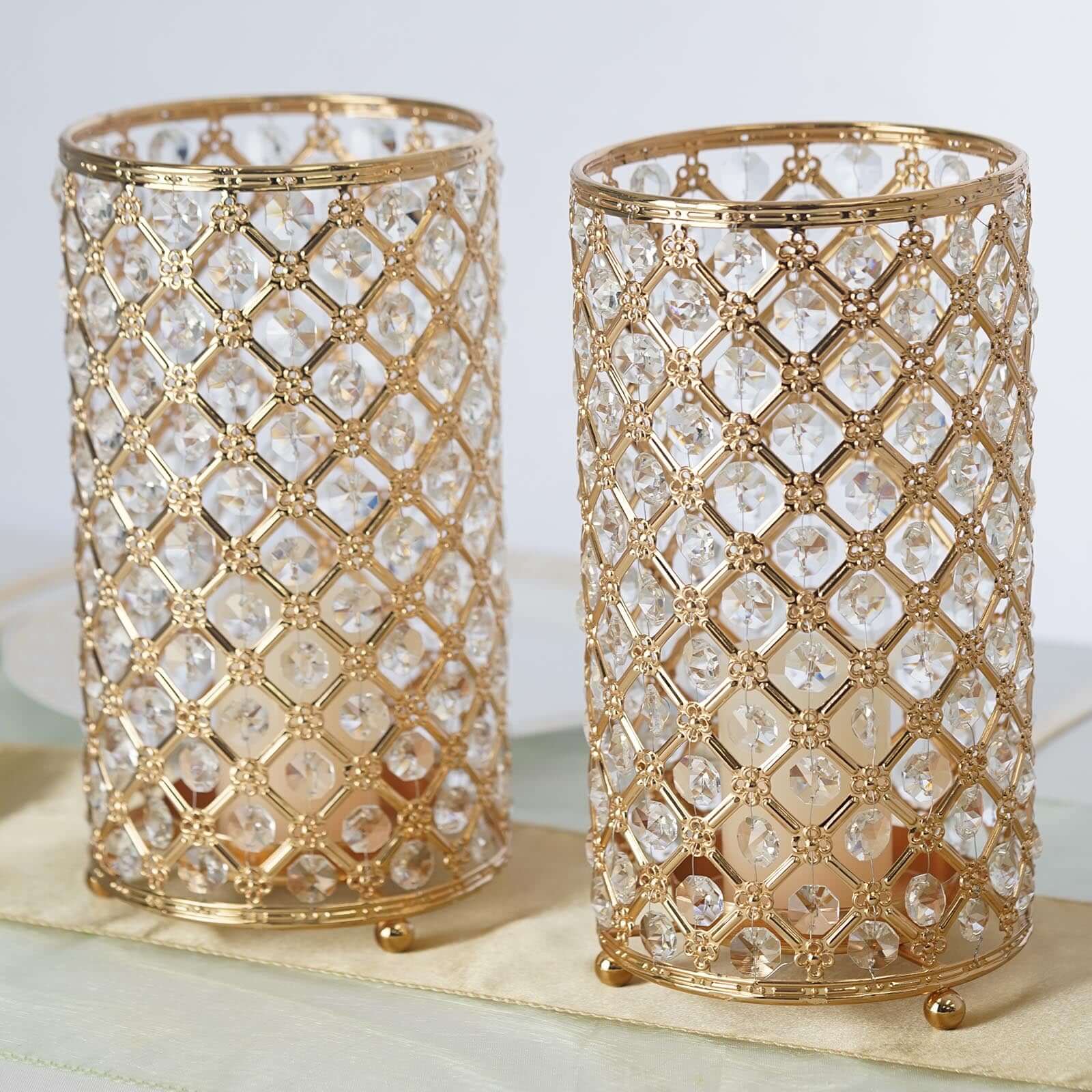 2 Pack Gold Metal Crystal Beaded Pillar Votive Candle Holder Set, Multipurpose Crystal Stem Vase 9