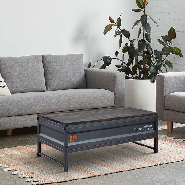 Dua 50 Inch Lift Top Coffee Table， Wood， Metal Frame， Brown， Gray