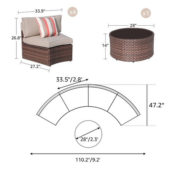 Cushioned Wicker Halfmoon 5piece Outdoor Sectional Set