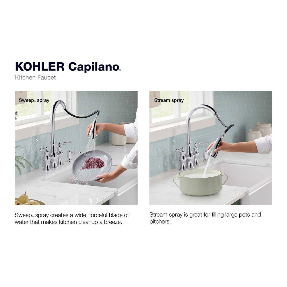 KOHLER Capilano 2-Handle Bridge Farmhouse Pull-Down Kitchen Faucet with Soap Dispenser and Sweep Spray in Polished Chrome K-R21070-SD-CP