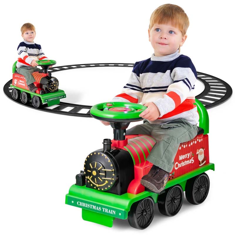 6V Kids Ride on Train with Tracks & 6 Wheels, Battery Powered Electric Ride On Toy with Lights & Music