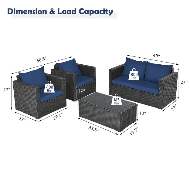 Costway 4pcs Patio Rattan Furniture Set Cushioned Sofa Loveseat With Navy amp Turquoise Cover