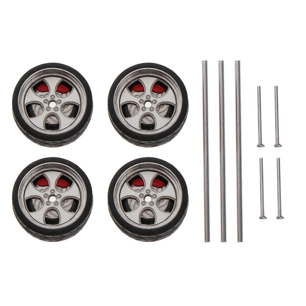 4pcs 1/64 Scale Rc Model Car Rubber Tires With Axles And 5 End Cap Kids Electoric Toys Diy Parts