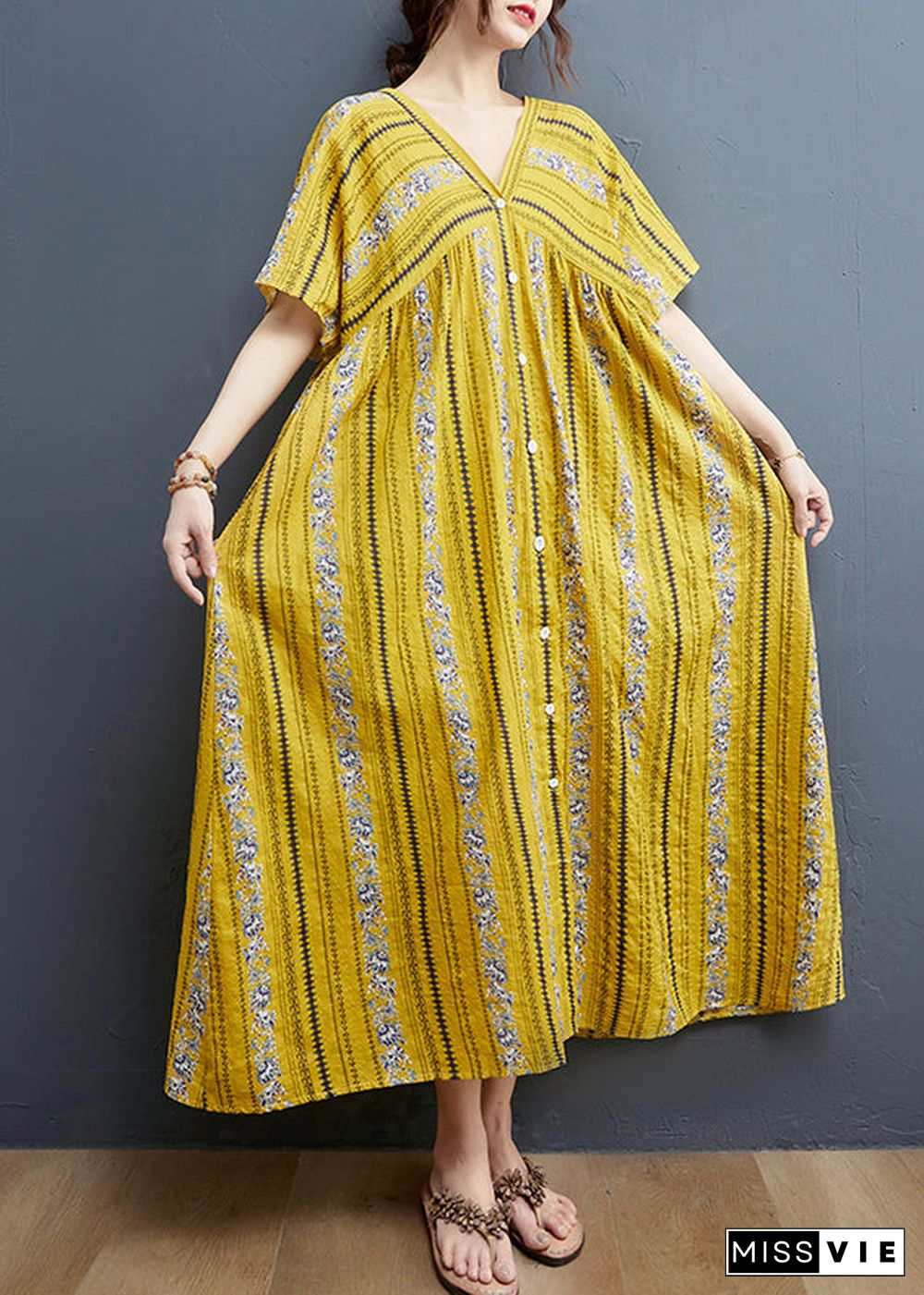 Yellow Print Cotton Maxi Dresses Short Sleeve