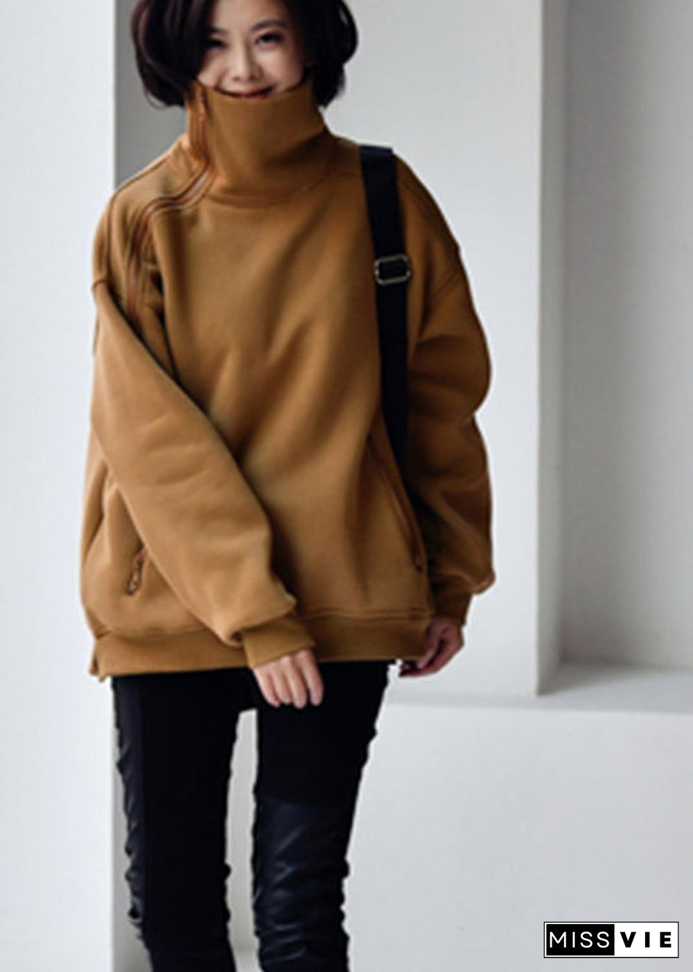 Beautiful Camel Colour Turtleneck Zippered Warm Fleece Thick Sweatshirt Winter