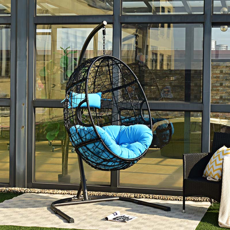 Outdoor Indoor Hanging Egg Chair Hammock Swing Chair with C Hammock Stand Set, Soft Seat Cushion & Pillow