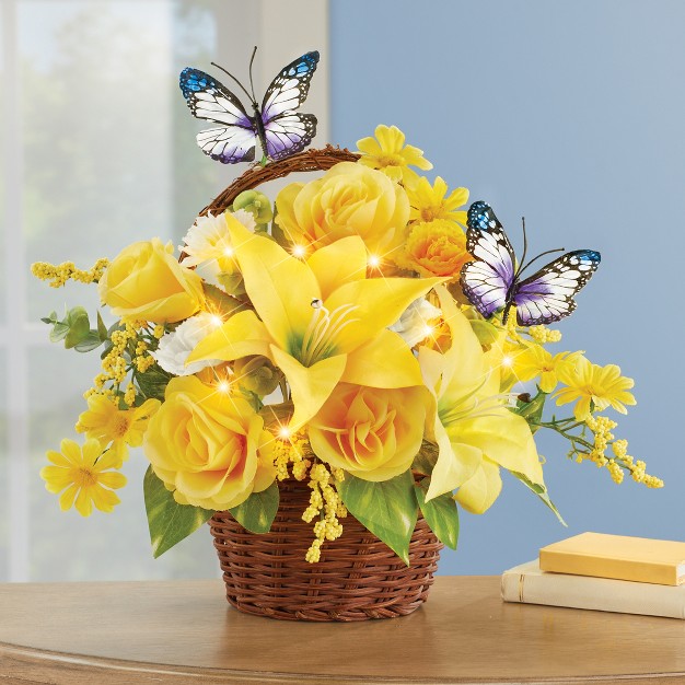 Collections Etc Led Lighted Yellow Lily And Rose Basket Centerpiece 13 X 10 X 12 75