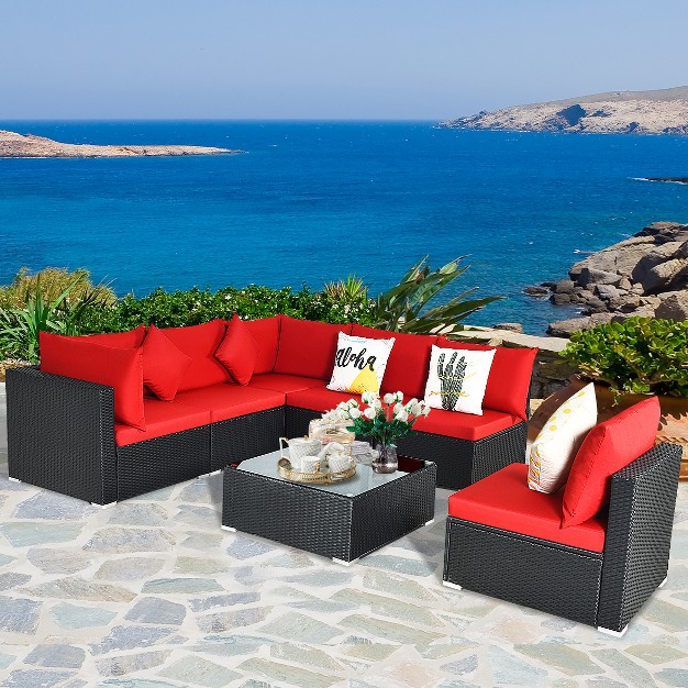 Costway 7pcs Rattan Patio Conversation Set Sectional Furniture Set W Red Cushion