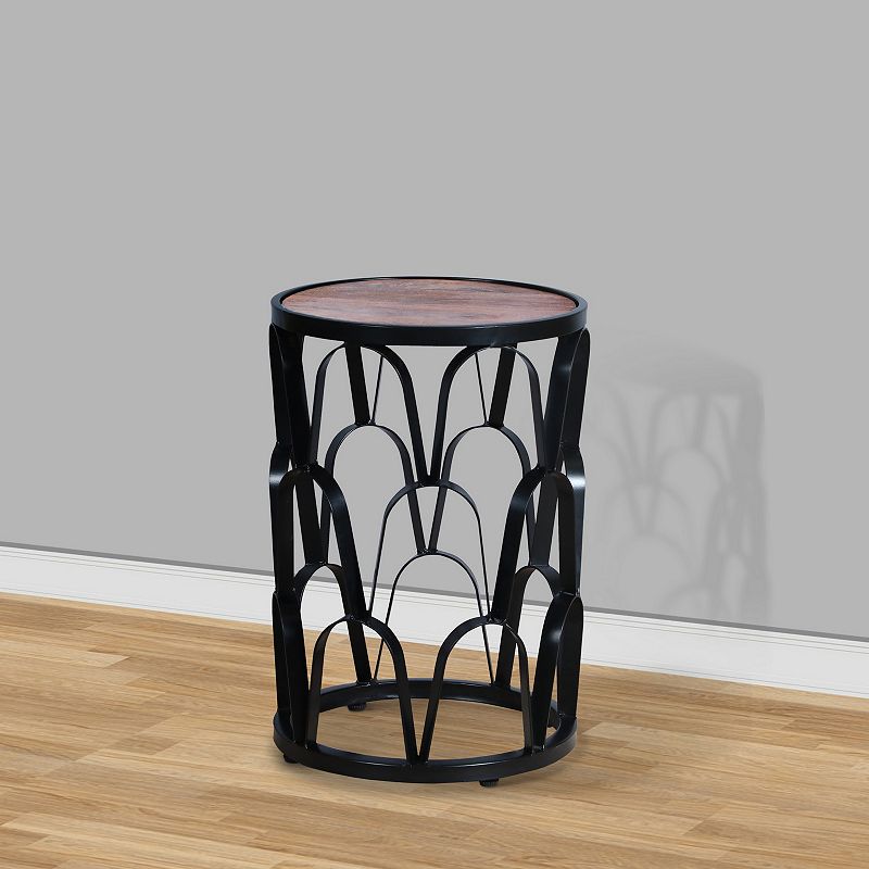 23 Inch End Side Table， Round Mango Wood Top， Lattice Cut Out Iron Frame， Brown， Black