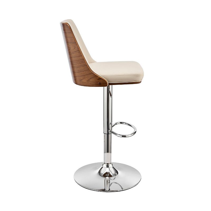 Adjustable Barstool with Faux Leather and Wooden Backing， Cream and Brown