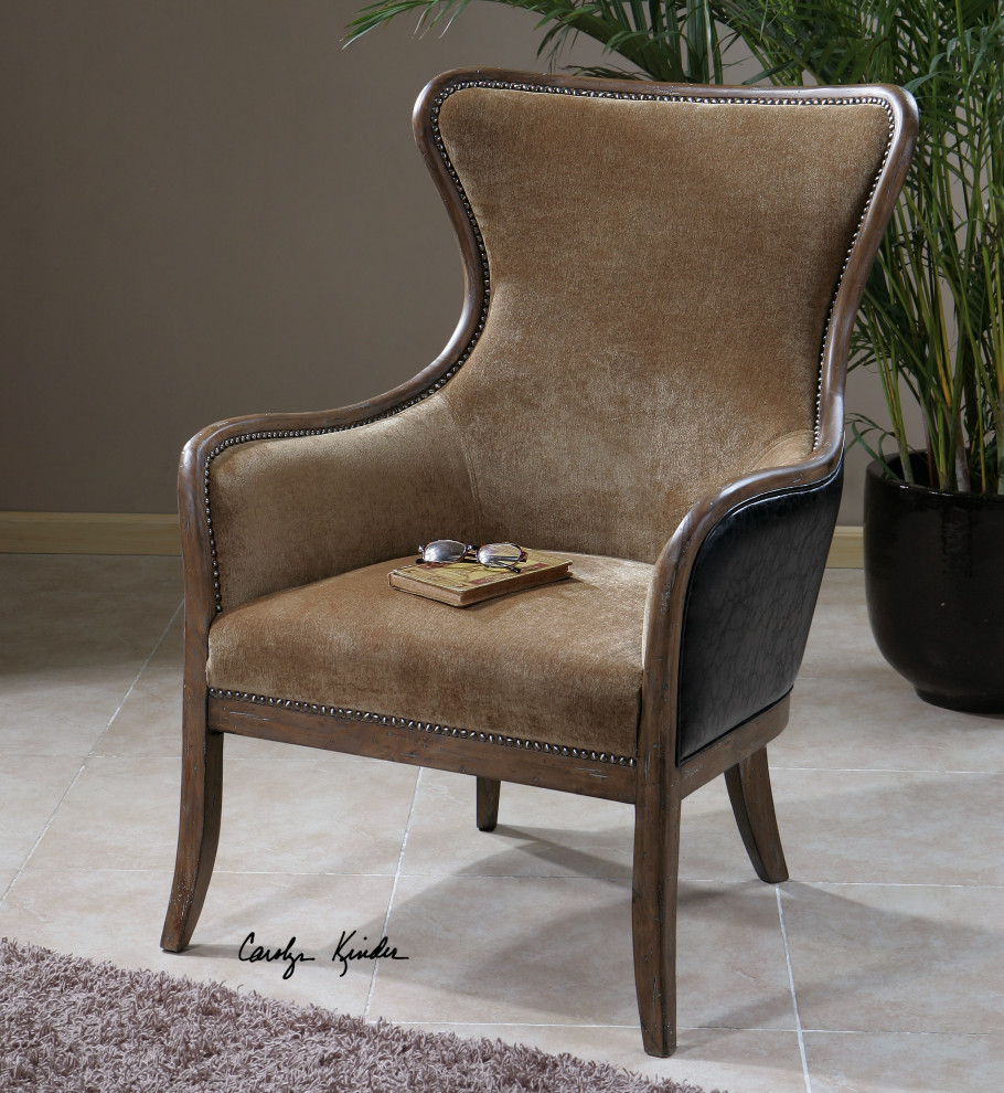 Plush Tan and Chocolate Brown Velvet Wing Chair Classic Brass Nailhead Trim Arms   Traditional   Armchairs And Accent Chairs   by My Swanky Home  Houzz