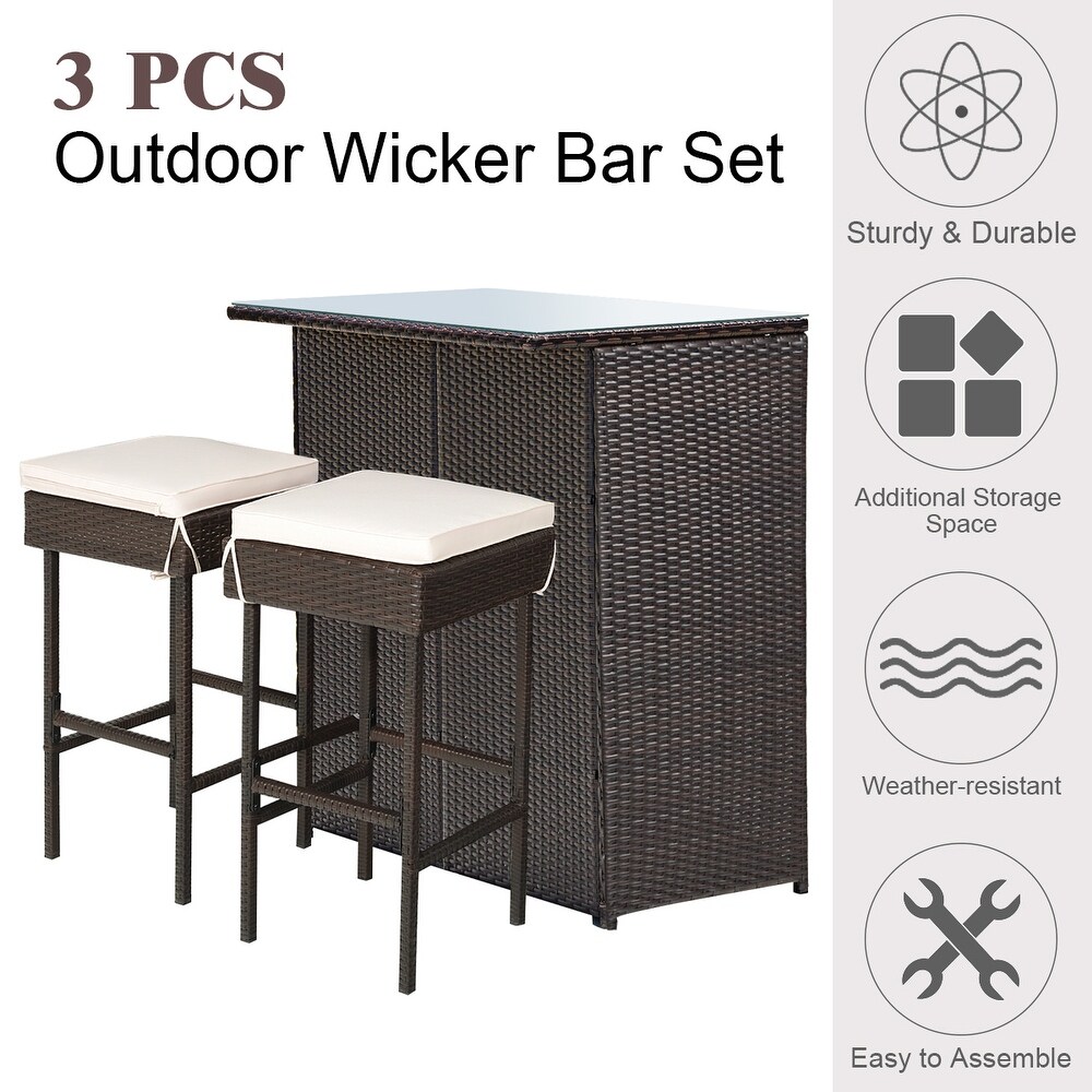 Costway 3PCS Patio Rattan Wicker Bar Table Stools Dining Set Cushioned   3 Piece Sets