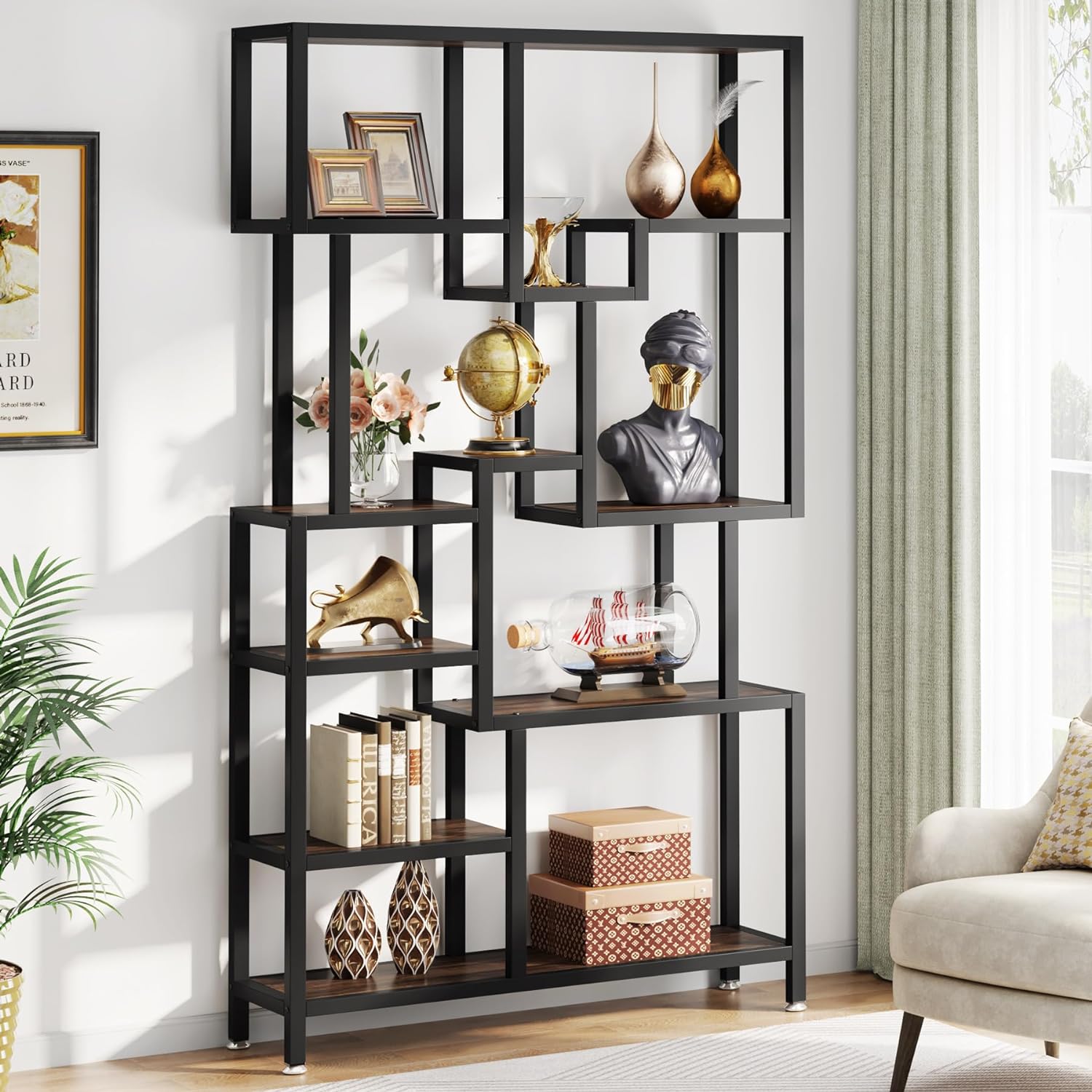 70.9 Bookshelf, Industrial Bookcase Etagere with Open Shelves