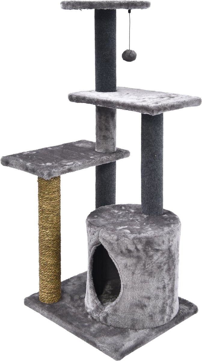 Cat Craft Level Up 5 Tier Plush and Seagrass Activity Cat Tree Habitat， Gray， Large