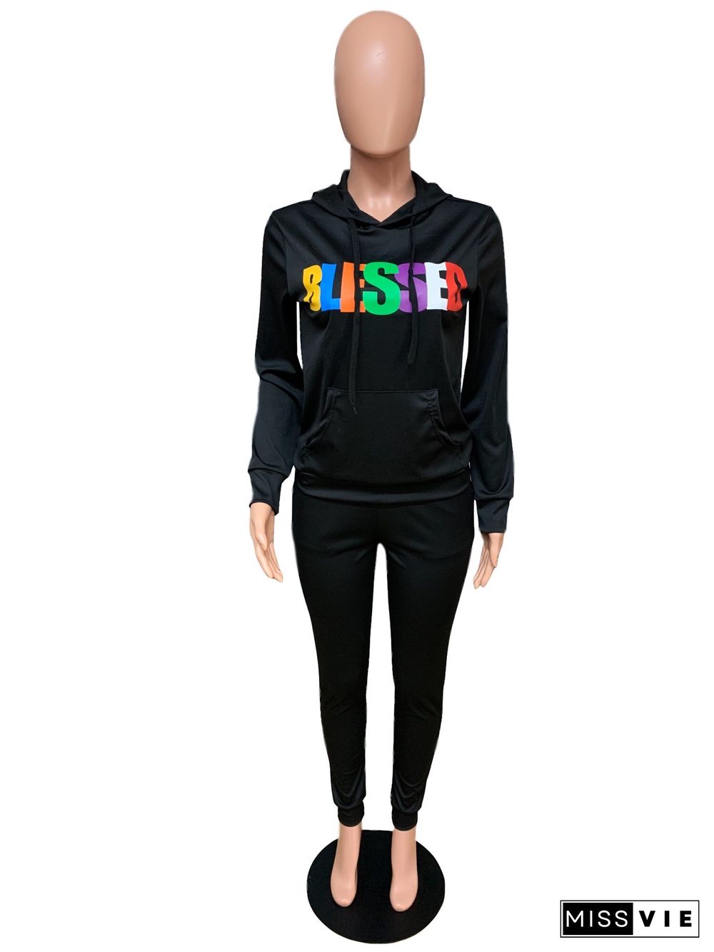 Fleece Tracksuits Letter Print Hooded Pants Set