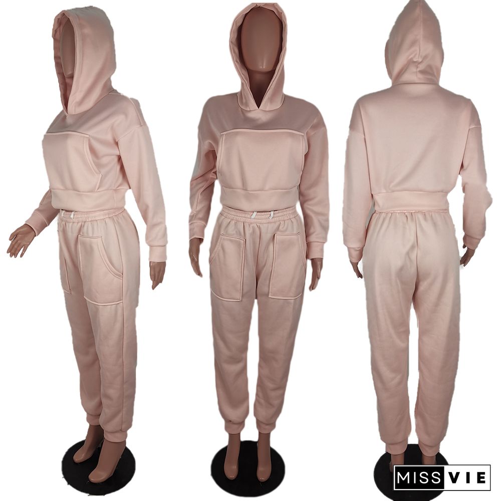 Solid Color Add Velvety Long Sleeve Hoodie Loose Pants Set