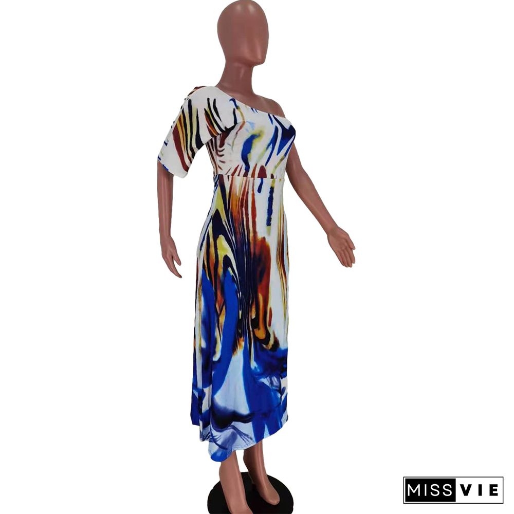 Summer Fashion Women Print Skew Shoulder Short Sleeve Loose Fit Beach Party Long Maxi Dress