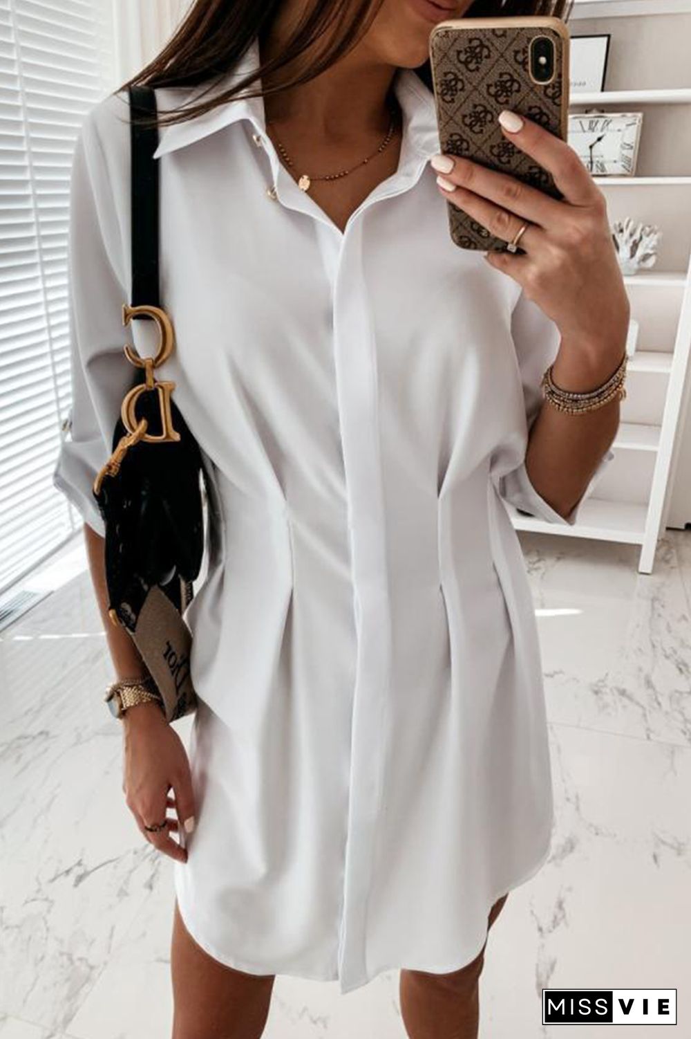 Fashion Casual Solid Buckle Fold Turndown Collar Shirt Dress Dresses