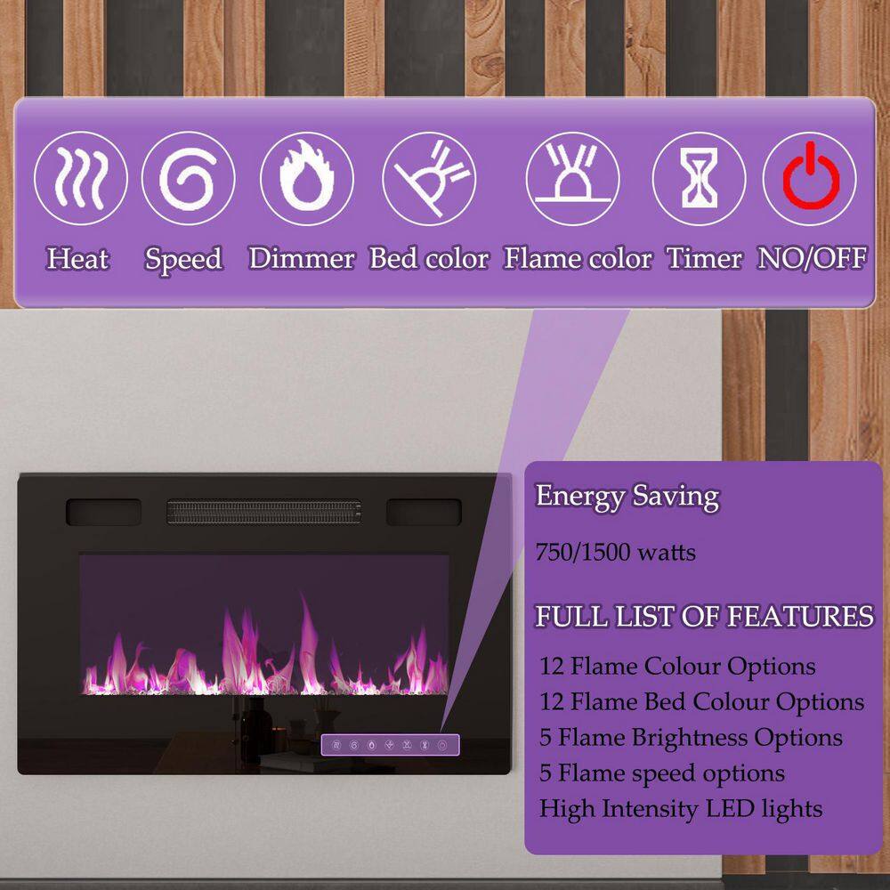 FUFUGAGA 30 in. Wall-Mount Electric Fireplace in Black with Adjustable Flame Colors and Speed Touch Screen Remote Control KF020305