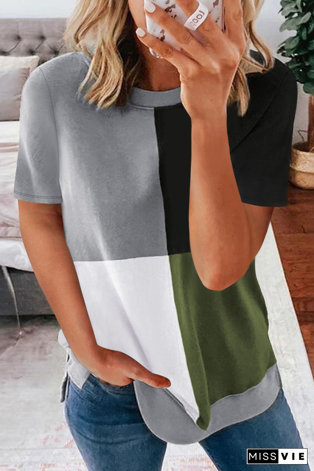 Army Green Colorblock T-shirt with Slits